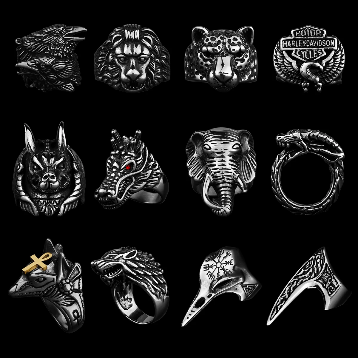 Stainless Steel Animal Men\'s Ring Mixed Gold Color Elephant Leopard Wolf Punk Hip Hop Biker Domineering Party Club Jewelry Gift