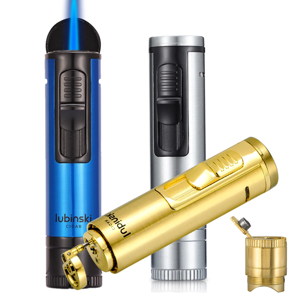 

LUBINSKI Cigar Lighter Metal Butane Gas Torch Lighters Cigar Ignition Tool 1 Jet Blue Flame Lighter With Cigar Needles