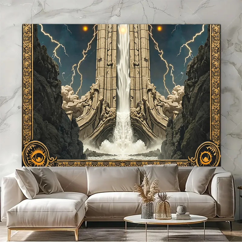 1 قطعة نسيج الجدار ملحمة الخيال شلال نسيج-الأطلال القديمة وعاصفة البرق ديكور فني