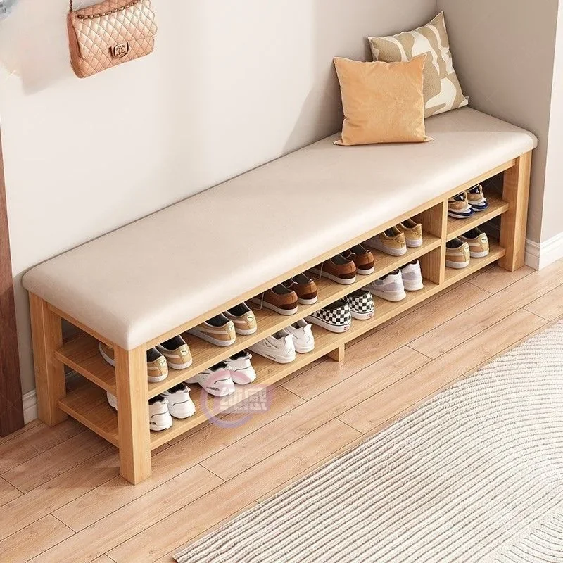 Multi-layer soft bag bench, solid wood leg shoe changing stool at the entrance of the household, shoe cabinet integrated