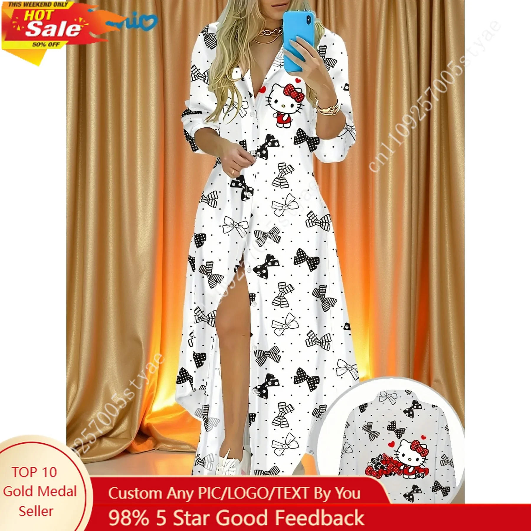 Hello Kitty Sommerkleid für Damen mit schwarz-weißem Schleifenmuster im Strandstil und Knopfleiste