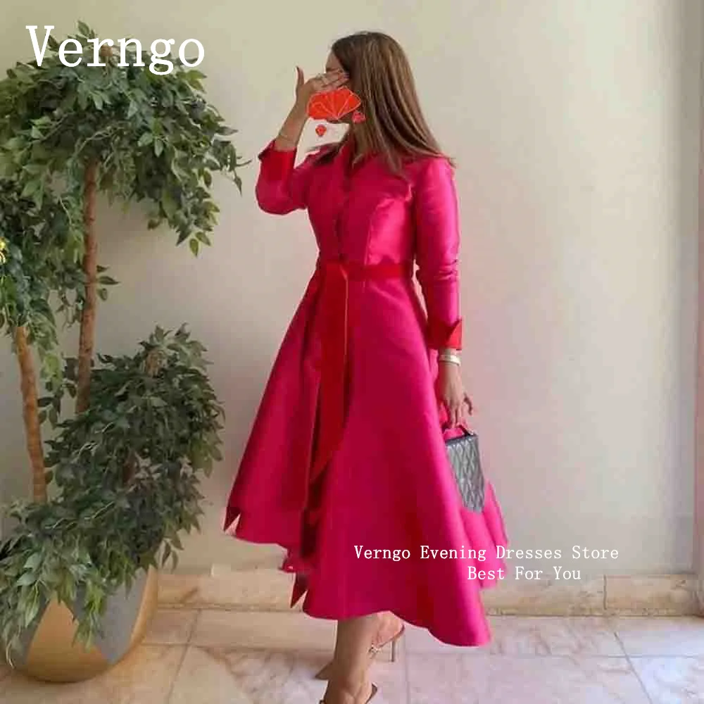 Verngo abiti da ballo in raso rosa Vintage maniche lunghe abito da sera fucsia abiti da festa formali da donna abito arabo saudita