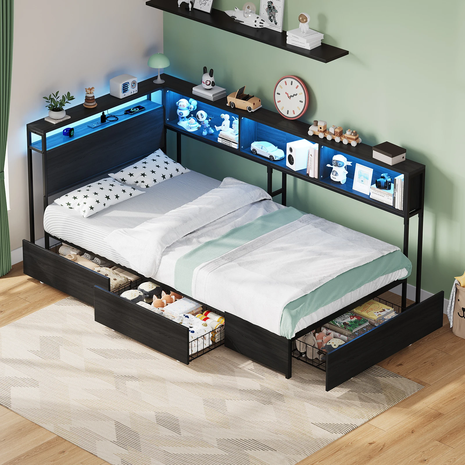 44.8*81inch Single/Double Bed with 3 Storage Drawers, LED Bookshelf Headboard with Charging, Metal Platform Corner Bed Frame In Queen Size, Ample Storage Space, Black