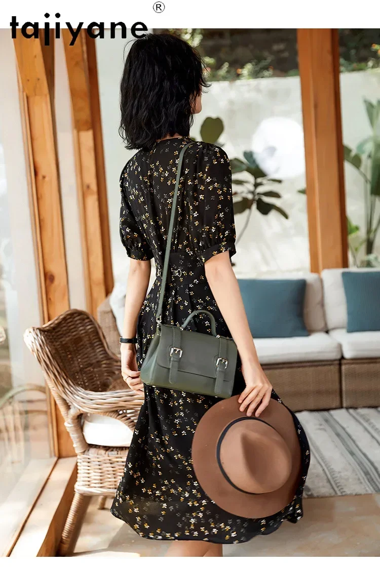 TAJIYANE 100% Mulberry Silk Dresses 2024 Women Elegant Vacation Long Dresses Summer Black Dress V-Neck Womans Clothing 여성여름원피스