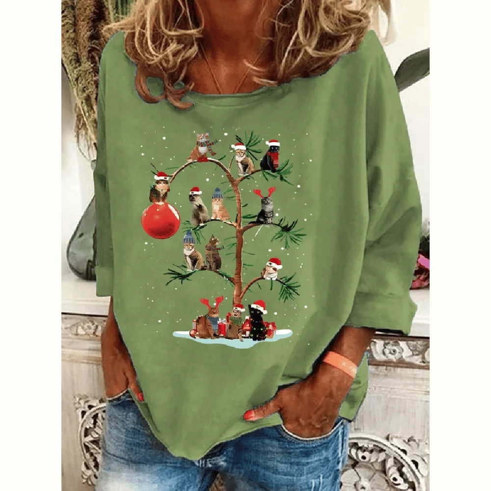 Women\'s Christmas Print Long Sleeve Cotton T-Shirts Christmas Print Top Casual Women\'s Oversized Clothes Autmun Crew Neck Tops