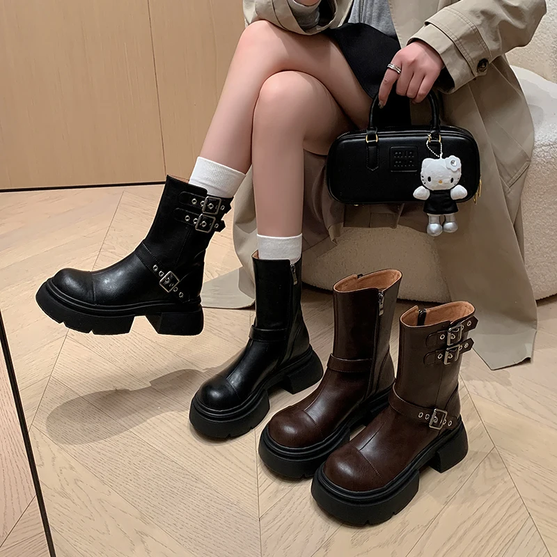 

Fashion Belt Buckle Women Mid-calf Boots Platform Thick Heels Side Zipper Woman Knight Boots Autumn Winter New Female High Heels