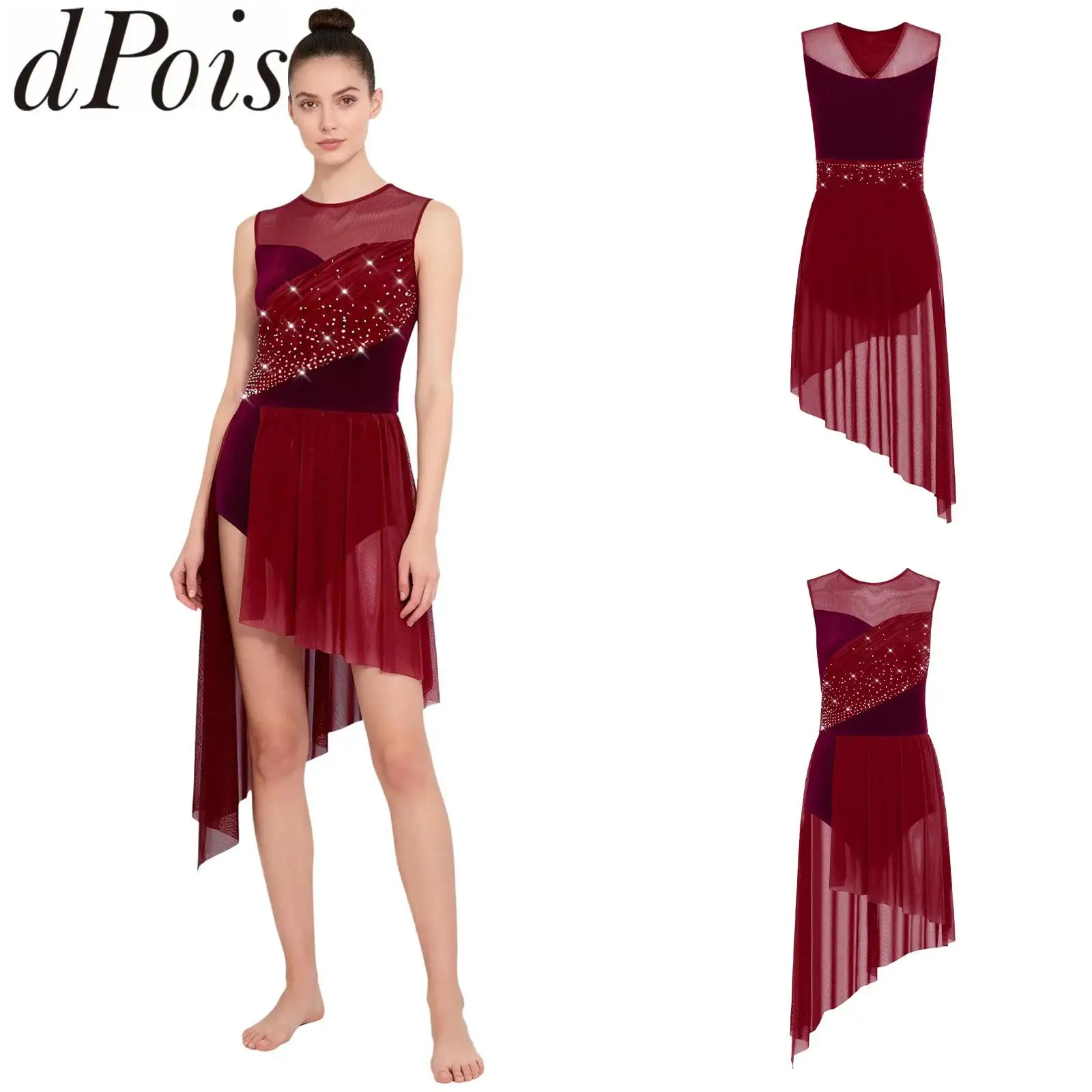 

Women Leotards Mesh Lyrical Contemporary Dance Dress Sleeveless Rhinestone Velvet Patchwork Buttoned Crotch Skating Ballet Dress