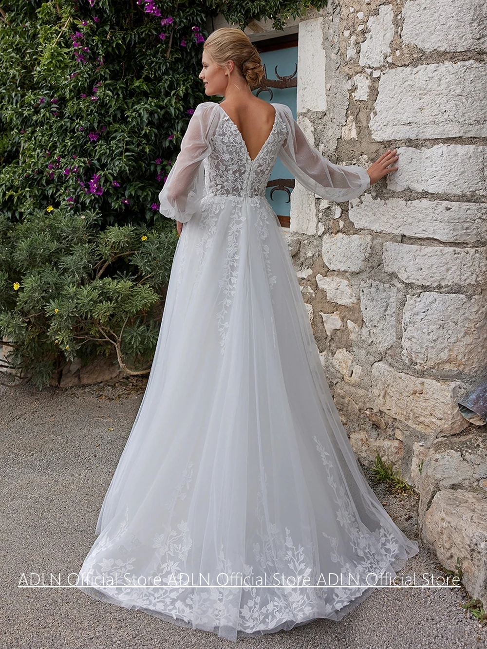 Woman Wedding Dress See Through Body Customized Puff Sleeves V Neck Lace Applqiue A Line Soft Tulle Bride Bridal Gown