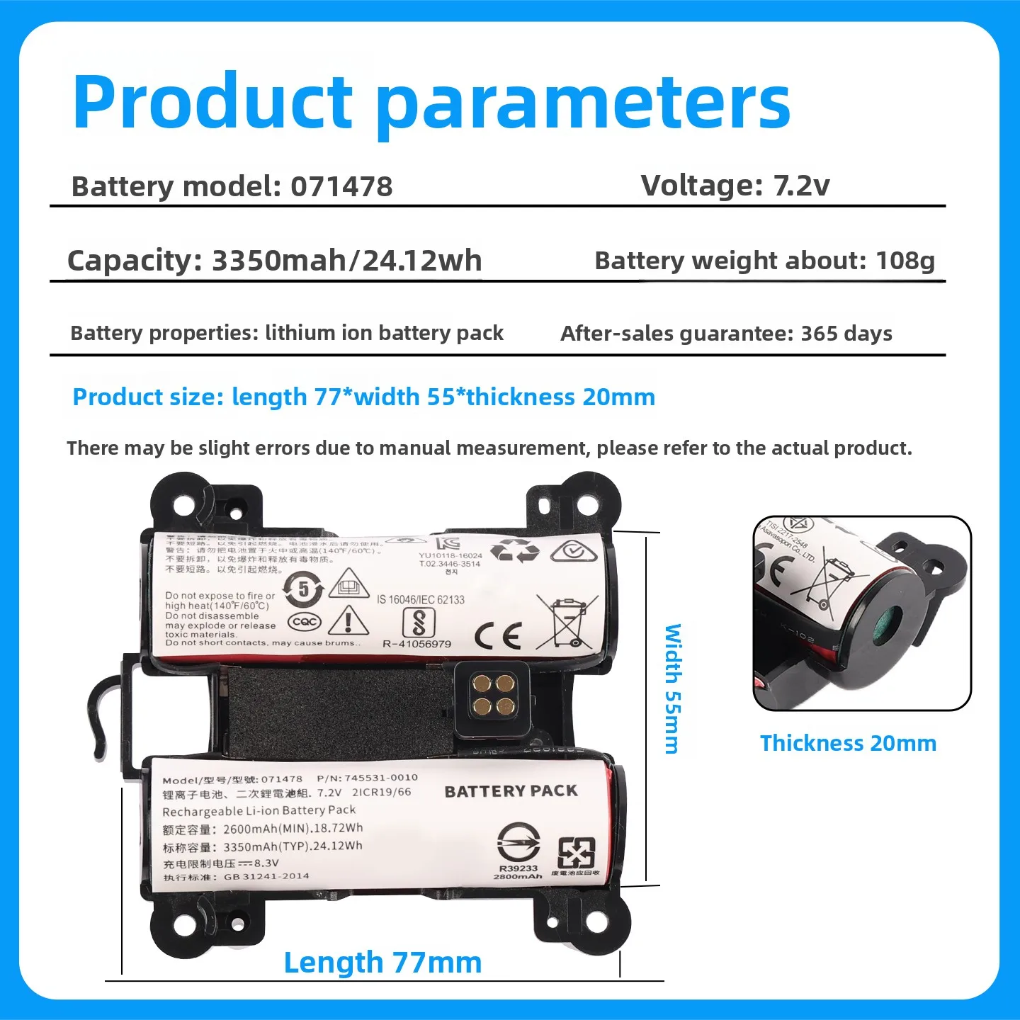 7.2V 3350mAh Replacement Battery for Bose SoundLink Revolve+ 071478 078068 745531-0010 Spare Battery