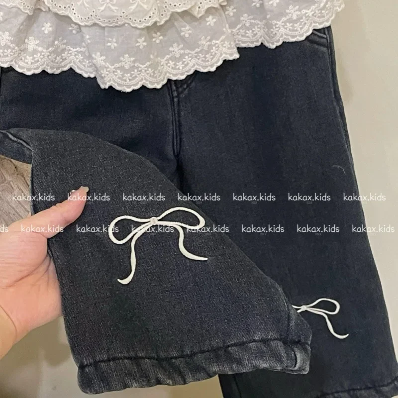 Jeans 2024 Girls Autumn Winter New Korean Lace Waist Bow Velvet Jeans Tide Teenage Girls Clothing Girls Pants