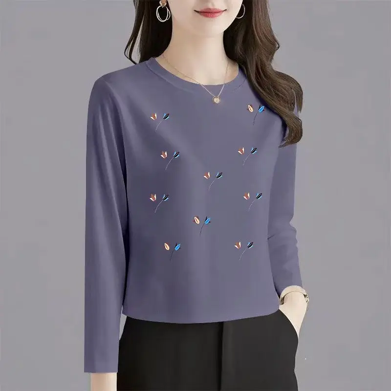 Women Cotton Long Sleeve T Shirt Spring Autumn Floral Print Round Neck Casual Basic Tops S 4XL