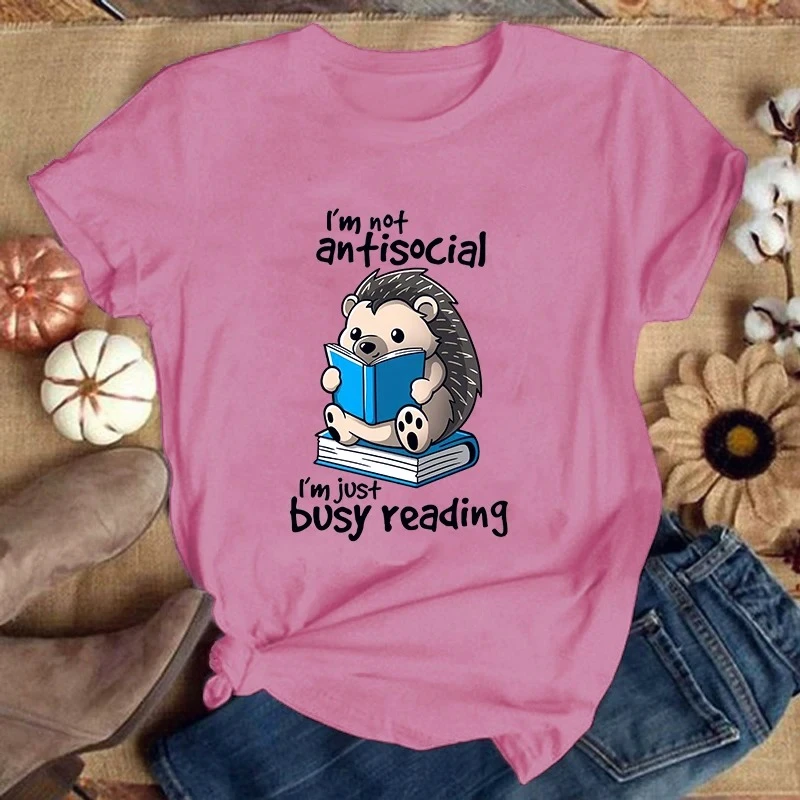 2025 Nuovo riccio Non sono antisociale Sono solo occupato Lettura Stampa T-shirt Donna Carino stampato Top Estate Manica corta Girocollo