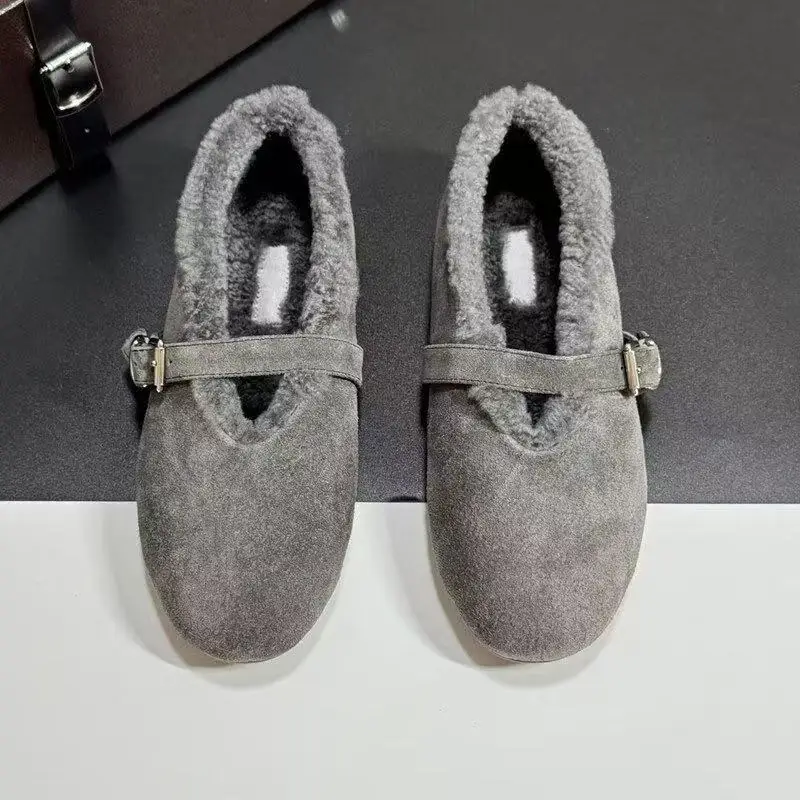 New Fashionable Leather one-piece Buckle With Wool Mary Jane Shoes For Autumn And Winter, Flat And Warm Ballet Dance Shoes
