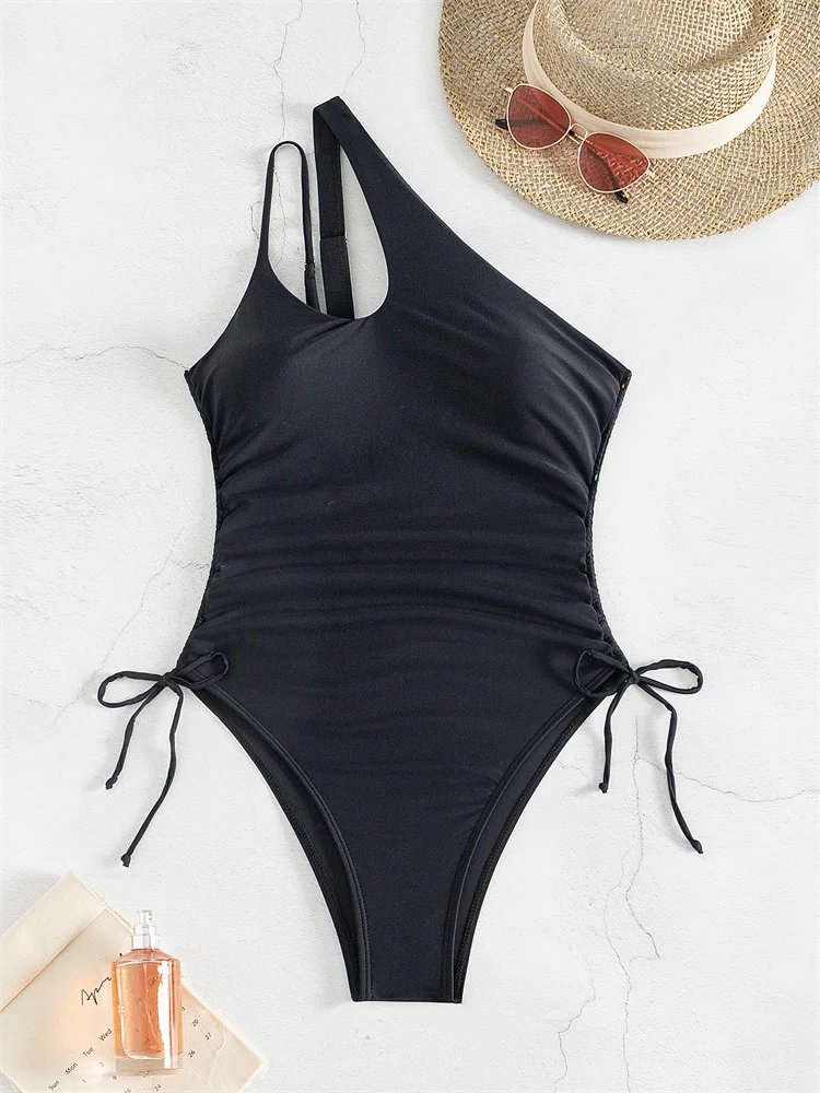 Bañador de una pieza para mujer, traje de baño de un hombro, Monokini Sexy liso, ropa de playa de verano, novedad de 2024