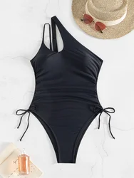 One Piece Swimsuit Women One Shoulder Swimwear 2024 New Solid Sexy Monokini Bodysuit Bathing Suit For Female Summer Beach Wear