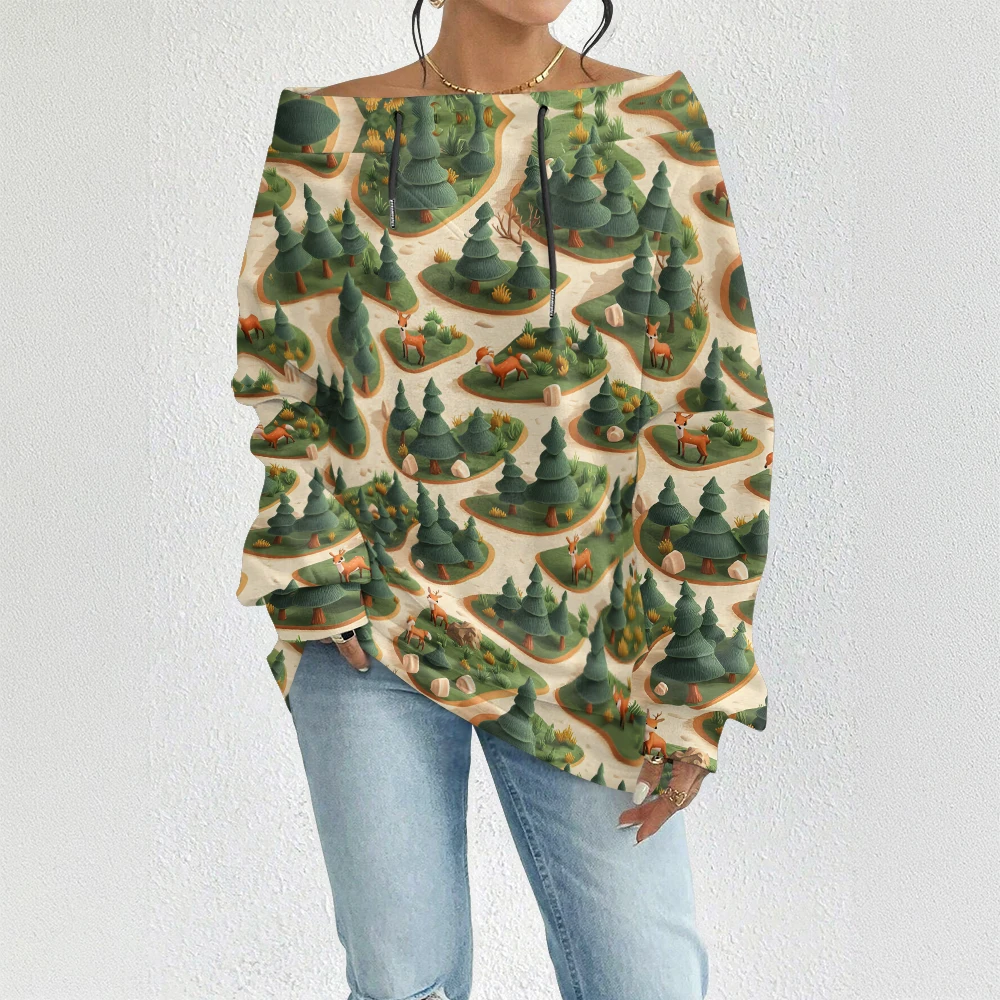 سويت شيرت نسائي بدون أكتاف لحفلات عيد الميلاد مع حاشية برباط، بلوفر كاواي منقوش للعطلات لهدايا عيد الميلاد #2