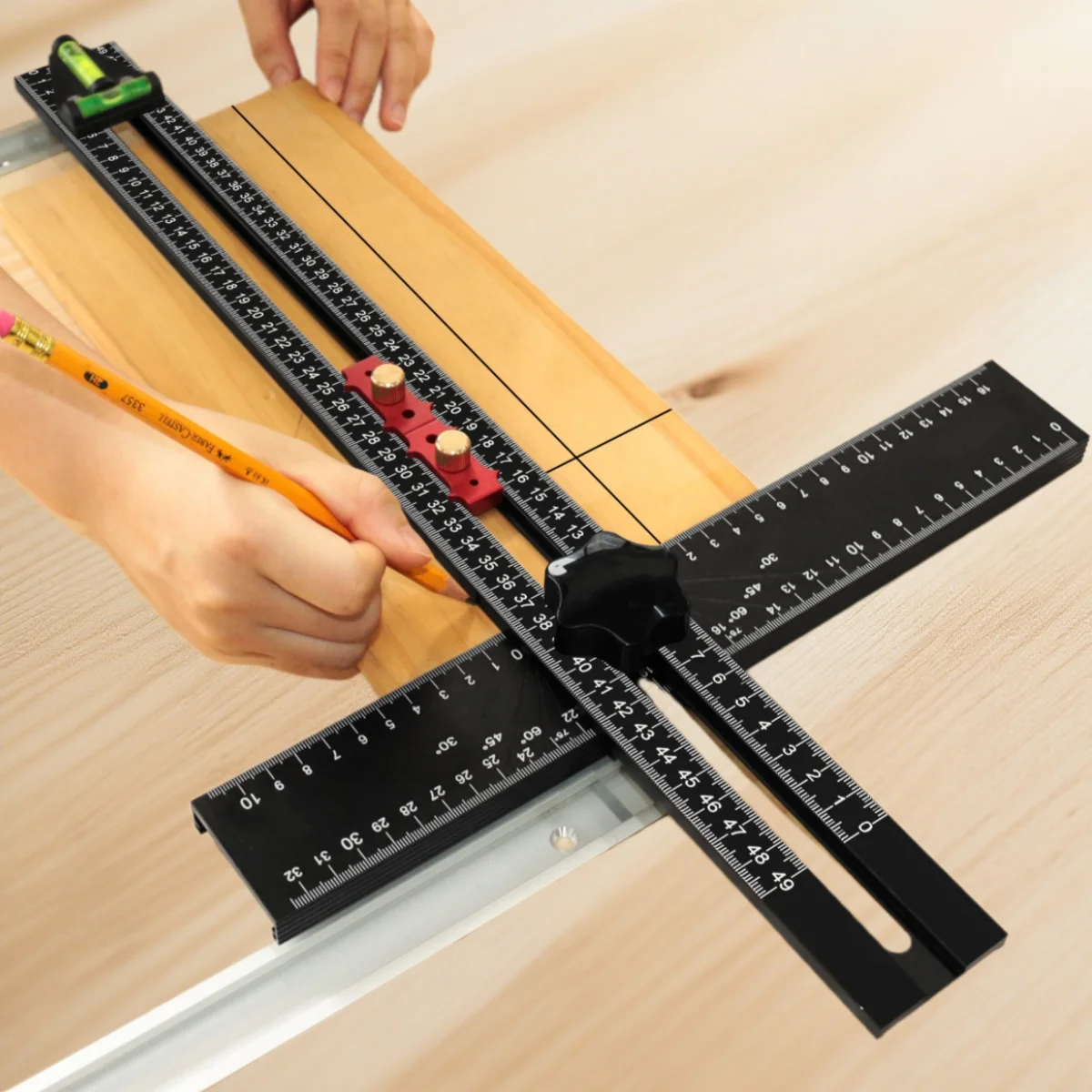 2-in-1 Aluminum Alloy Accurate Scale T-Ruler & Drilling Template with Ergonomic Handle, 54cm/21.26in Cabinet Door Measuring Tool