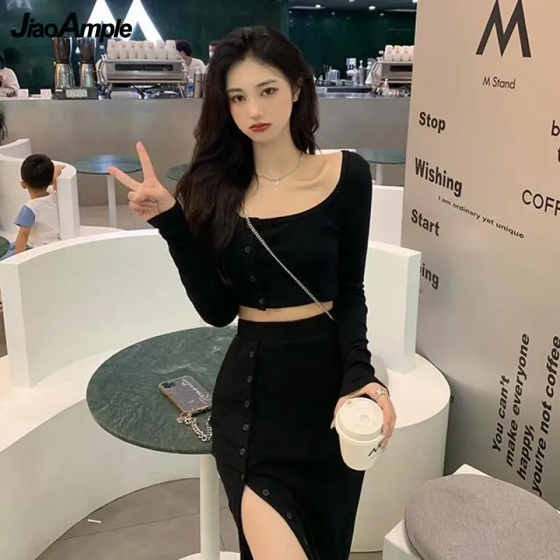 

2024 Spring Autumn New Cotton Short Top Skirt Two-piece Women's Elegant Waist Slit Half Midi Skirt Blouse Suit Korean Casual Set