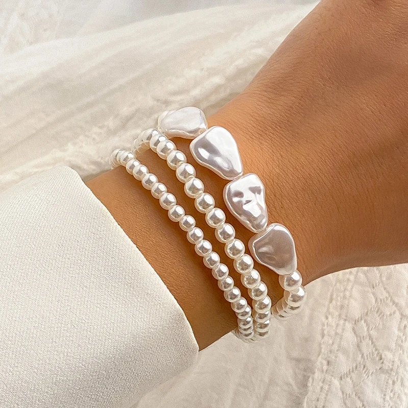 3pcs/Set Boho Elegant Multilayer White Imitation Pearl Chain Bracelet Accessories For Women Wedding Vacation Gift Jewelry B061