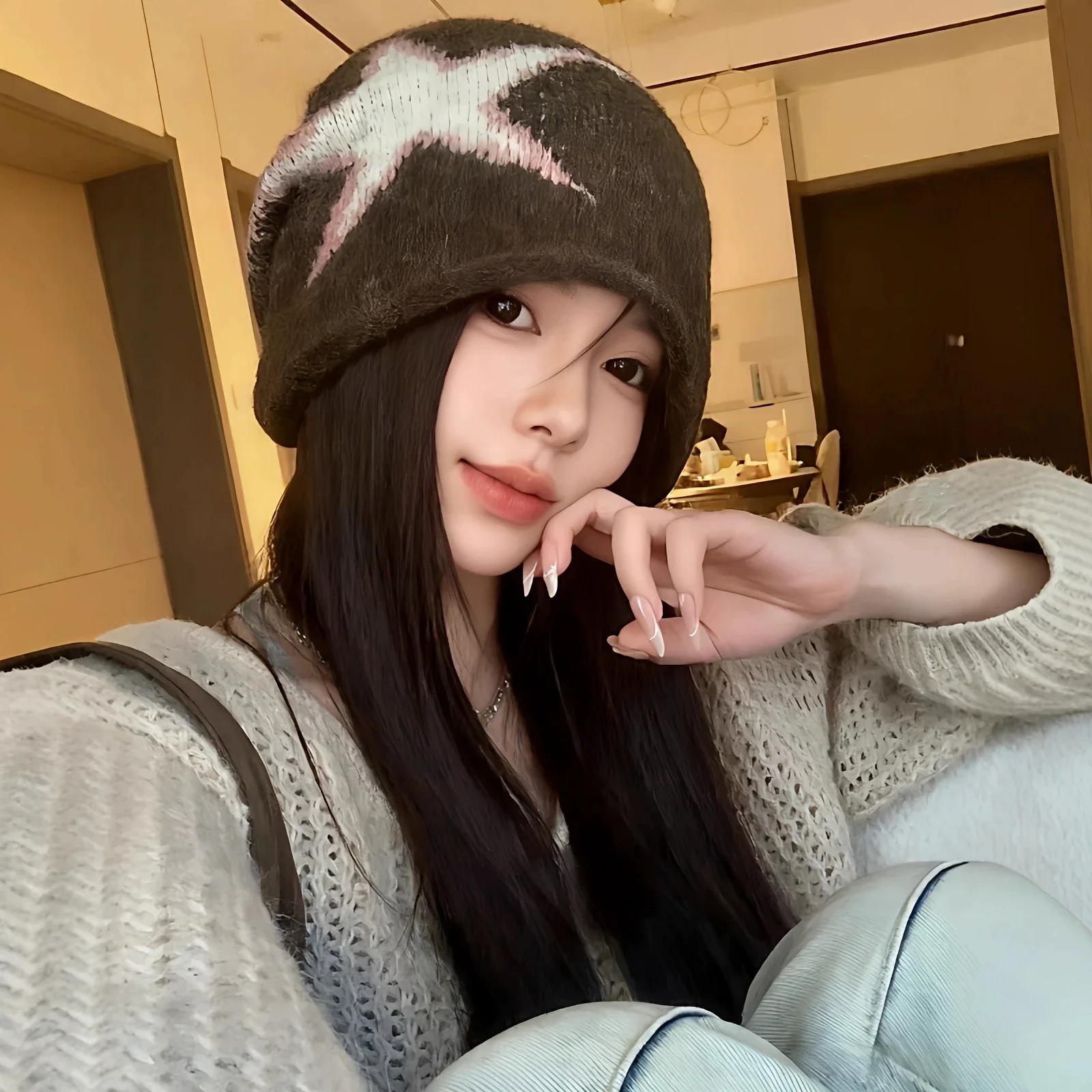 Autumn Winter Knitted Wool Pullover Hat Fleece Lined Large Head Circumference Ear Protection Rolled Edge Slouchy Beanie