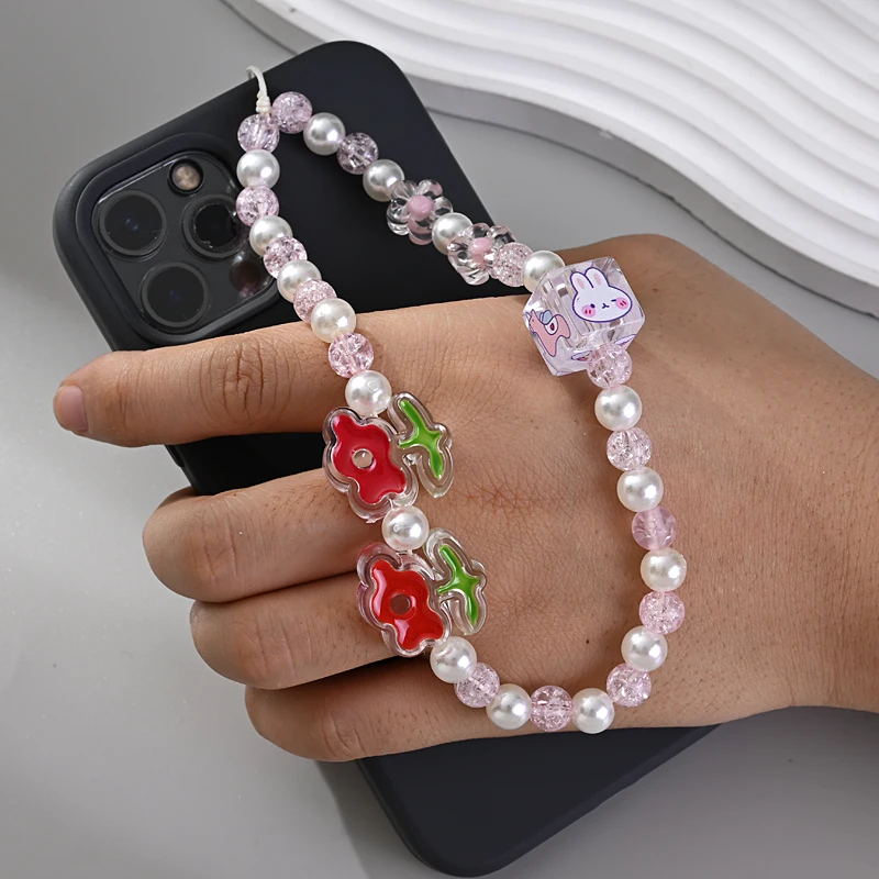 Creative Cartoon Acrylic Mobile Phone Chain Women Girl Anti-Drop Telephone Lanyard Strap Heart Flower Cellphone Rope Jewelry