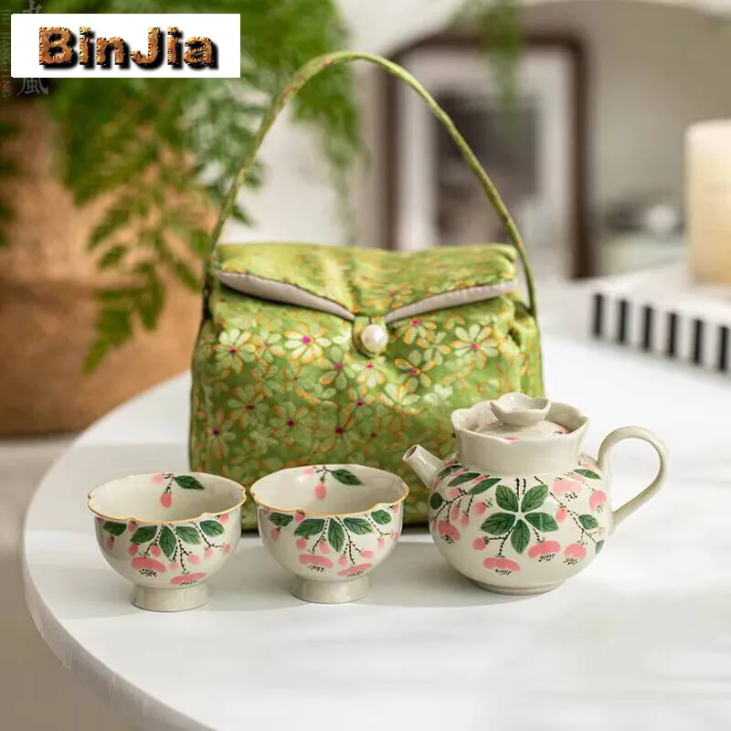 

Ручной рисунок бутона цветка, дорожный чайный сервиз, бутик, портативный набор сумок для хранения, 1 горшок, 2 чашки, органайзер для изготовления ремесел