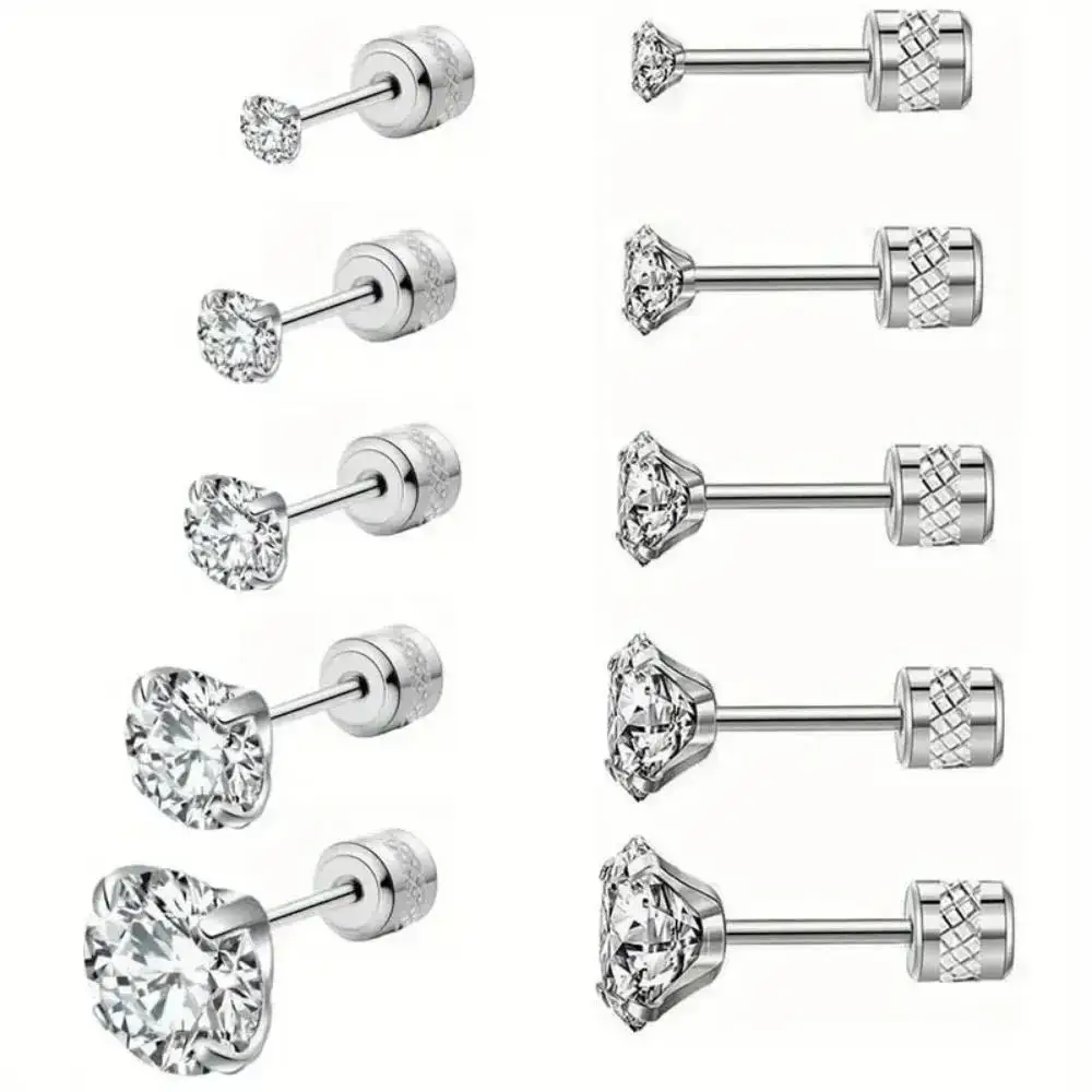 

5 Pairs Screw Back Stud Earrings, Stainless Steel Cubic Zirconia Double Sided Ear Ringing for Women Men Cartilage Tragus 2-6mm