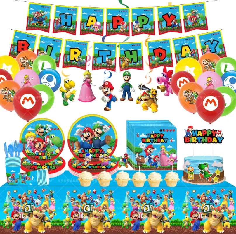 Super Mario Bros Birthday Decoration Baby Shower Party Supplies Backdrop Banner Cup Plates Balloons Cake Topper Fork Girls Gift