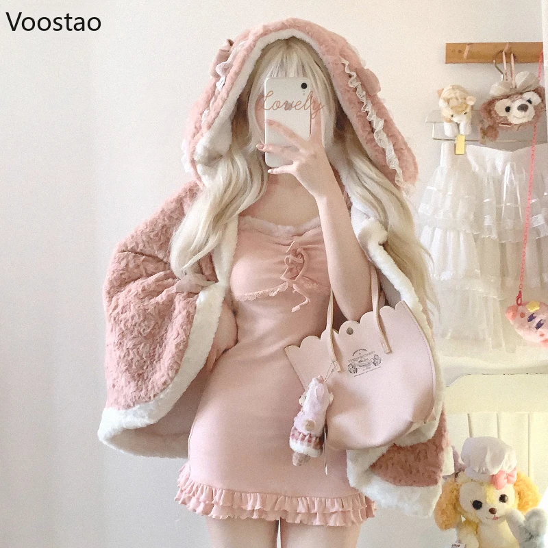 

Japanese Sweet Lolita Style Plush Cloak Coat Women Kawaii Cute Bow Bunny Bear Hooded Capes Jackets Korean Fashion Warm Ponchos