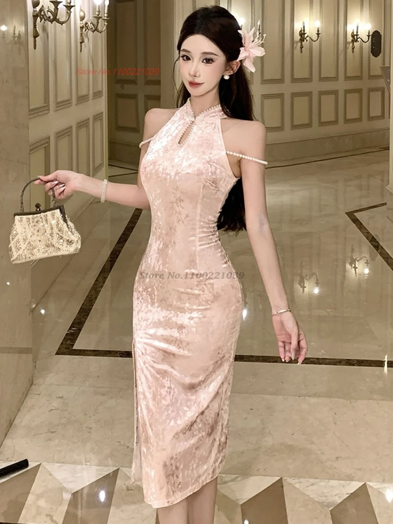 

Китайское винтажное платье 2025 года, улучшенное бархатное вечернее платье Cheongsam в стиле ретро, традиционное сексуальное вечернее платье для банкета в ночном клубе