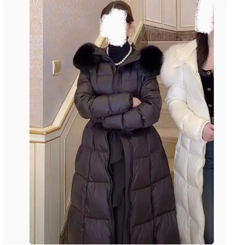

Высококачественная куртка на гусином пуху, зима 2025, новая корейская версия, женское теплое пуховое длинное пальто с капюшоном, женская утепленная зимняя парка, пальто