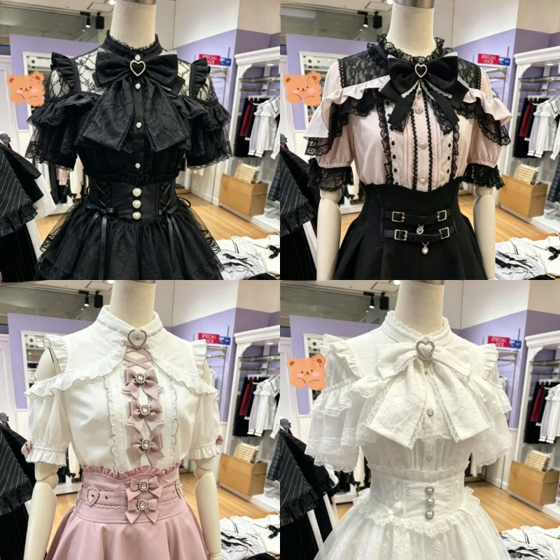 Lolita Bow Decor Blouse Subcultural Fashion Women Shirt Cute Lace Long Sleeve Short Sleeve Daily Casual Ladies Tops Apparel