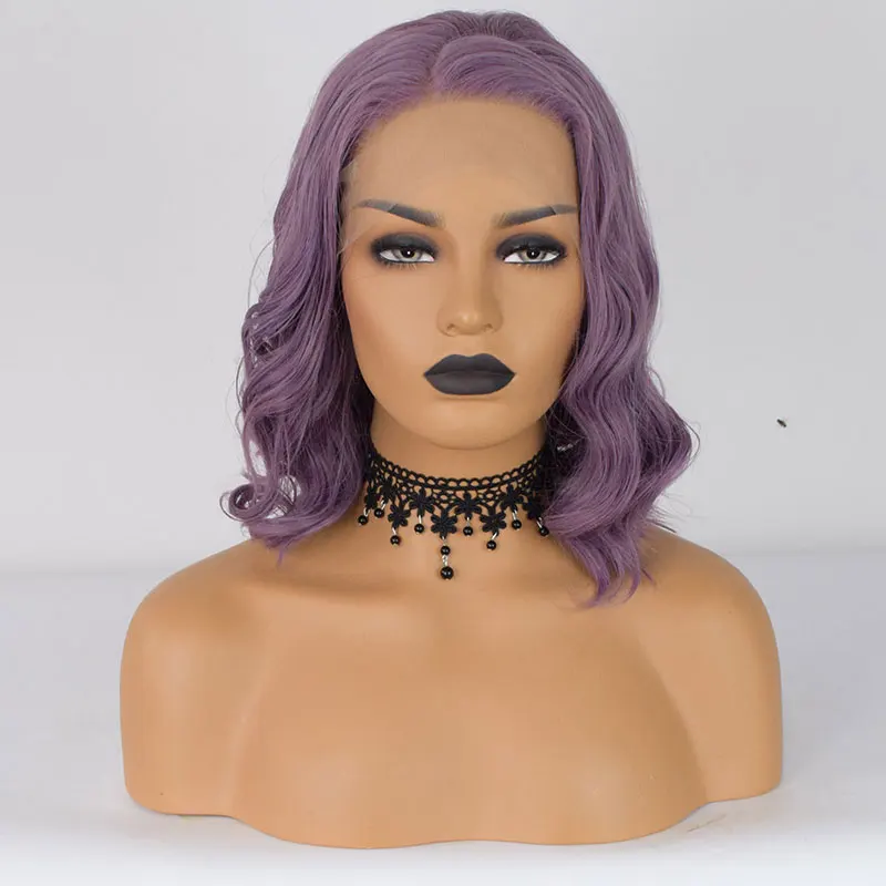 Perruque Lace Front Wig synthétique courte ondulée violette, cheveux en fibre, µ, haute qualité, degré de chaleur, raie latérale, pour femmes noires