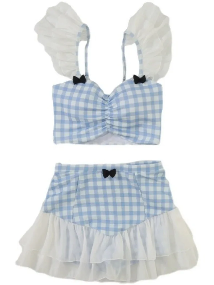 Harajuku Sweet Plaid Bow Camisole Vest+ Y2k E-Girl High Waist Patchwork Ruffles Skirts 2024 Summer New Two Piece Sets