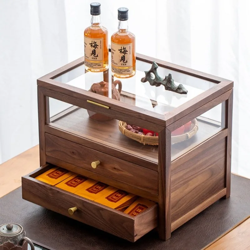 Walnut Wood Tea Set Display Cabinet Desktop Tea Set Display Holder Living Room Sundries Storage Rack Kitchen Organizers Shelves