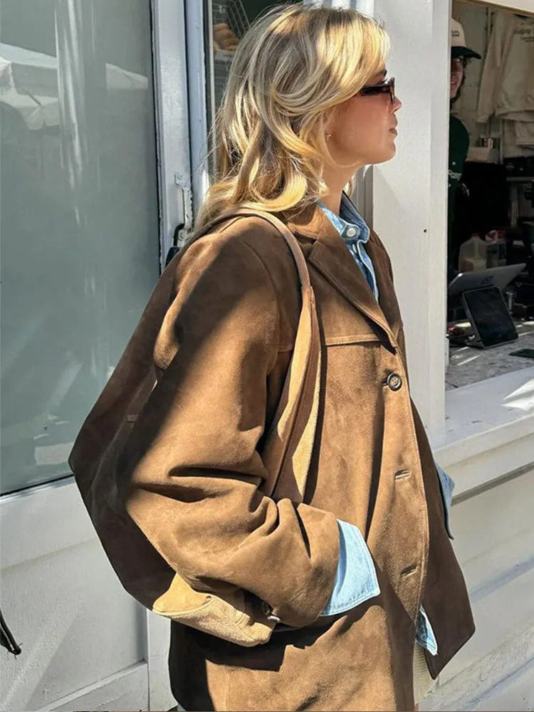 Vintage Brown Suede Leather Blazer Jackets For Women Fashion Lapel Single Breasted Pockets Crop Coats 2024 Lady Autumn Outerwear