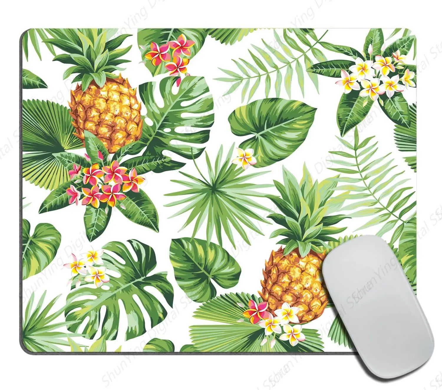 Tapete de mouse de abacaxi, folha de palmeira tropical e flor, projetado com mouse pad de borracha antiderrapante adequado para laptops