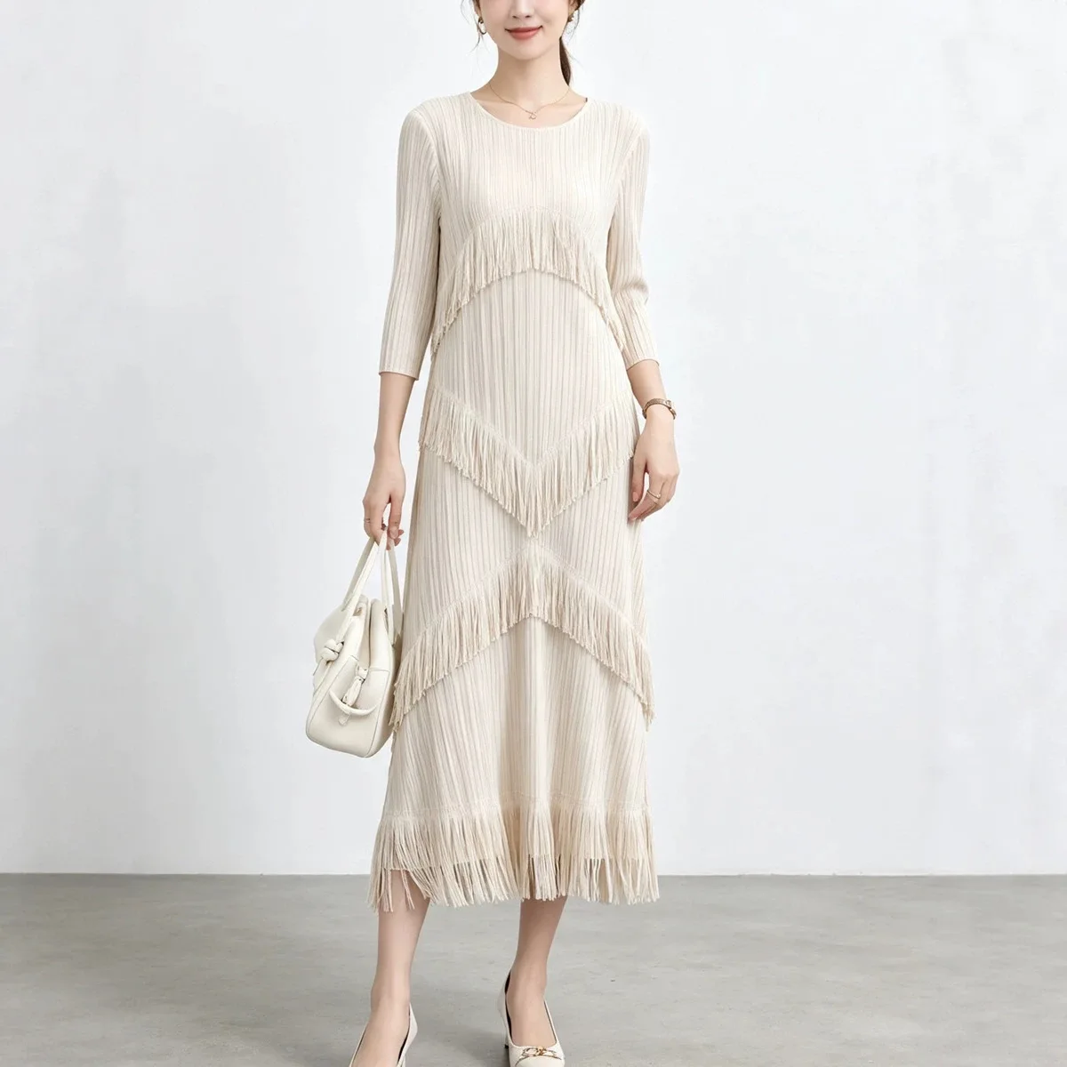 Miyake Pleated Dress for Women, High-end Multi-layered Triangular Tassel Round Neck, Three-quarter Sleeves, Loose Elegant Skirt