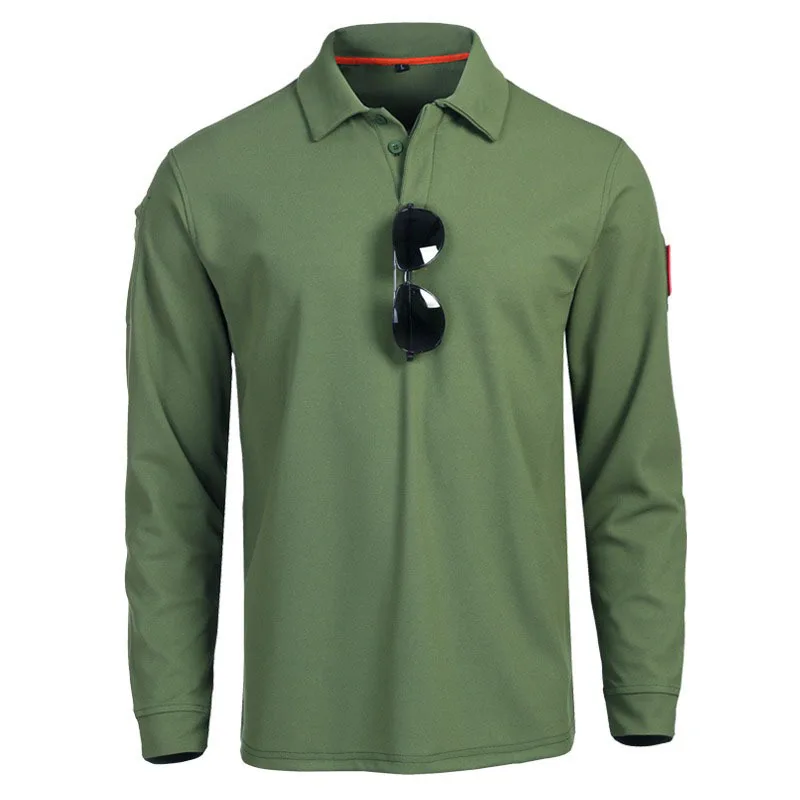 Mens 100% Polyester Long Sleeve Polo Shirt Summer Quick Dry Solid Army Green Square Collar T-shirts Sports Outside Tactical Tops