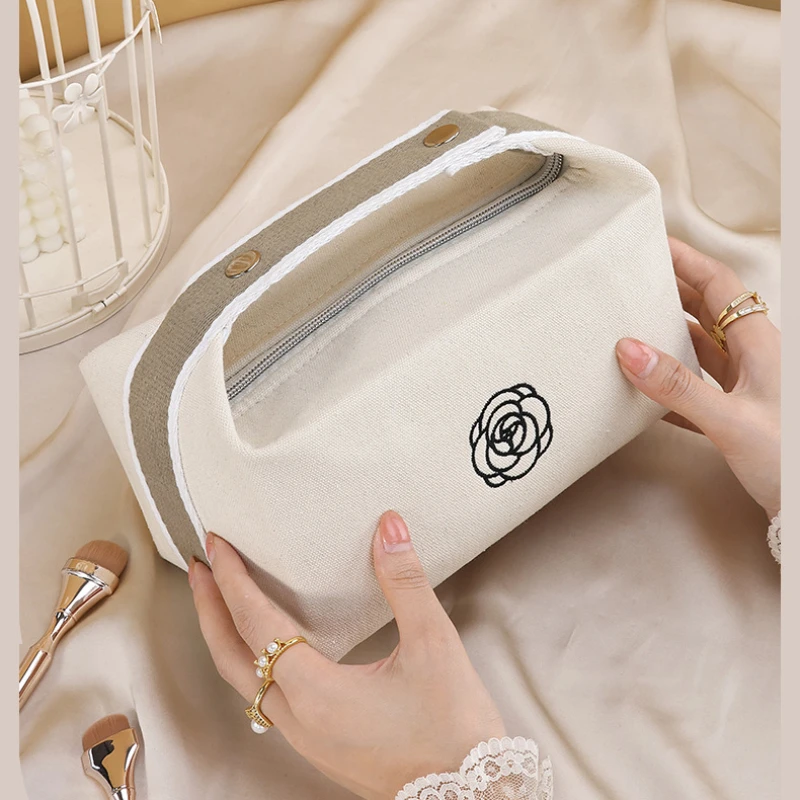 Portable Canvas Handheld Makeup Bag with Advanced Sensation Camellia Travel MakeupSkincareand Washing Supplies Storage Bag