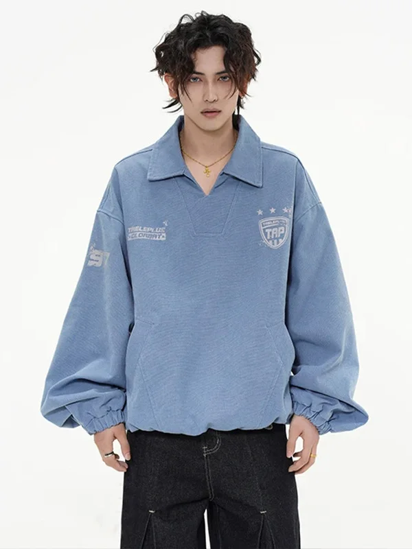 

Loose Fit Men's Hoodie Jaet American High Street Sle Spor Fce Autumnal Muted Blue Comfortable Casual Outerwear