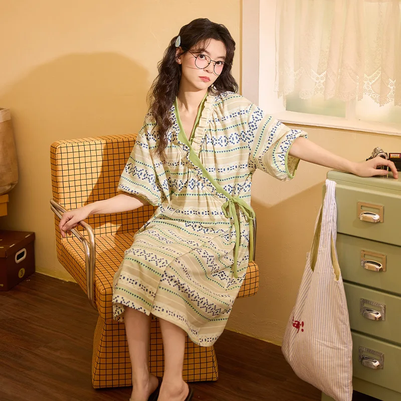 

2026 New Women's Kimono Nightgown Short Sleeve Midi Dress Home Clothes Summer Breathable Loose Geometric Print Sleepwear