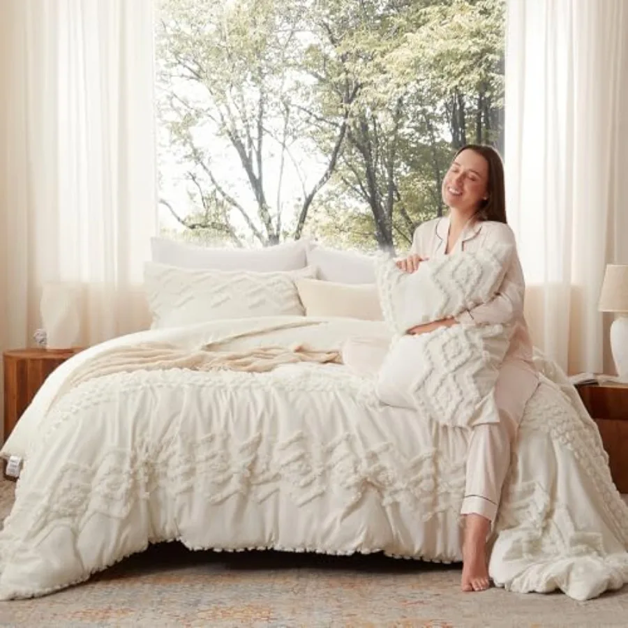 

Boho Tufted Comforter Set Size 3 Pieces White Shabby Chic Comforter Farmhouse Embroidery Bed Set Soft Comforter for All Seasons