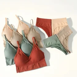 Women Sports Bra And Panties Set Seamless Bra U-Back Crop Top High Rise G-String Panties Thongs Underwear Sexy Lingerie Set