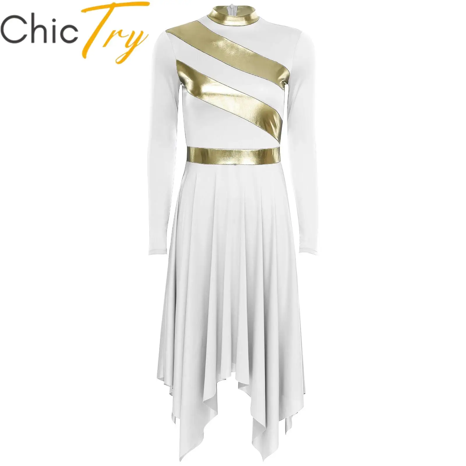 

Womens Praise Dance Dress Metallic Patchwork Worship Performance Dancewear Long Sleeve Irregular Hem Tunic Liturgical Costume