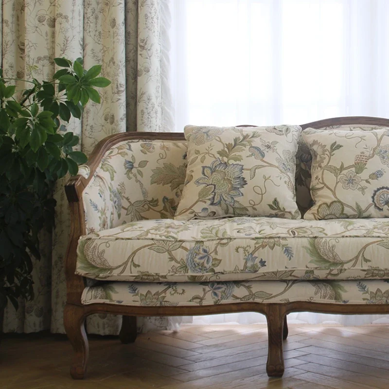 

Single 3 Seat Solid Wood Sofa Vintage Pastoral Floral Jacquard Fabric Living Room