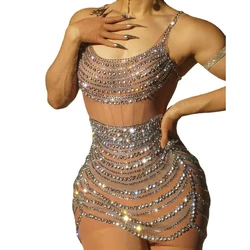 Sparkly Rhinestones Sleeveless Short Dress Women Sexy Mesh See Through Party Celebrate Birthday Dress Performance Stage Wear