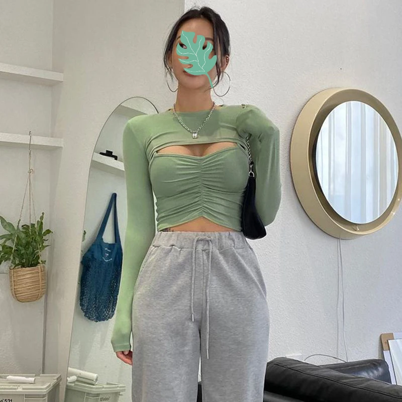 Women's Blouse Autumn and Winter New Fashion Sexy Elasticity Show Chest Waist Strap Long-sleeved Shawl Two-piece Women's Blouse