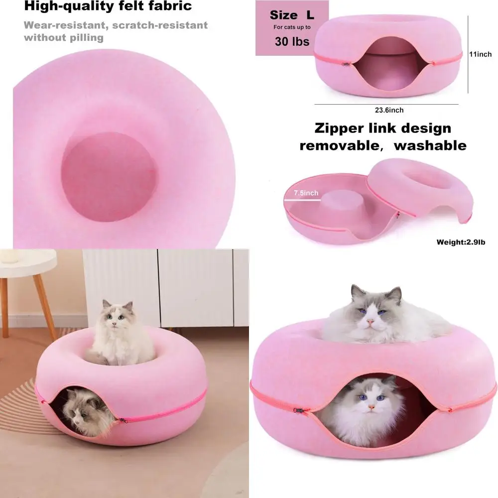 

Розовая комнатная туннельная кровать для кошек с 3 игрушками, устойчивая к царапинам кровать-пончик для кошек до 30 фунтов