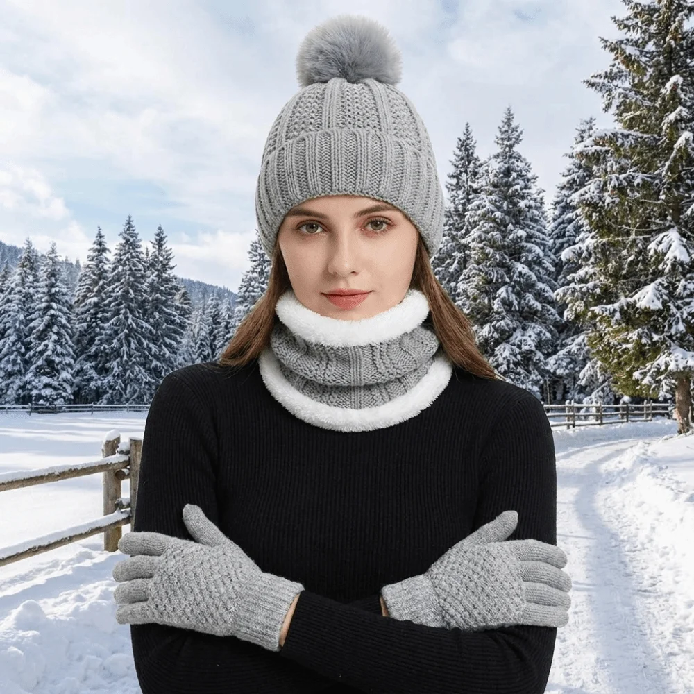 3pcs Casual Solid Color Hat Scarf Gloves Set Cute Pompom Keep Warm Knitted Hat with Velvet Thickened Beanie Hat Kids